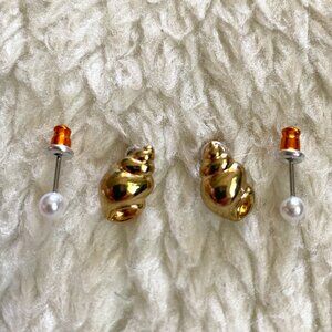 Shell & Faux Pearl Stud Earrings – Gold Tone